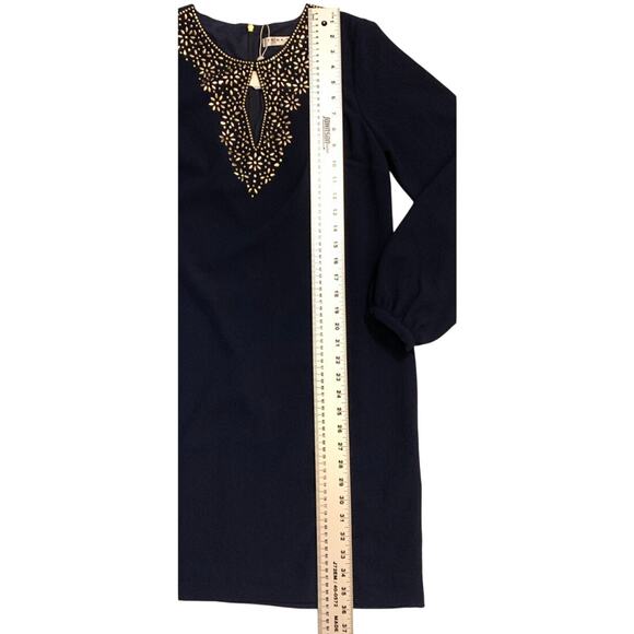 Trina Turk Shiraz Womens Shift Dress NWT Navy Blue Sz 6 Embellished Long Sleeve - Picture 8 of 16